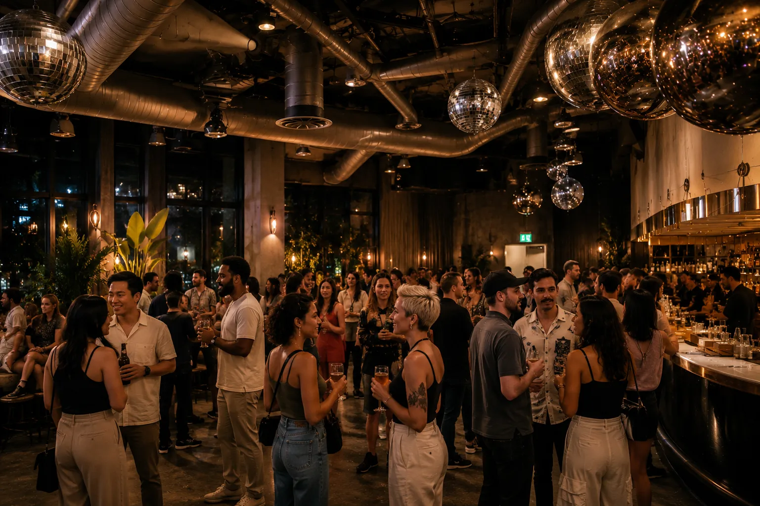 A crowd mingling under the disco ball in Beresford Upstairs