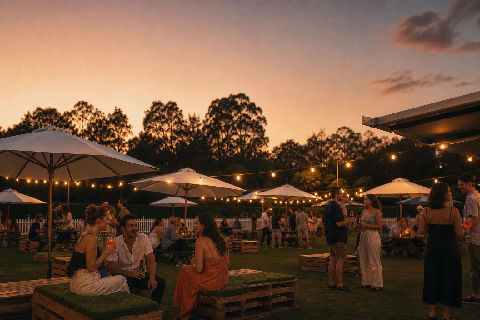 A crowd mingling at Dee Why Bowls Club at sunset