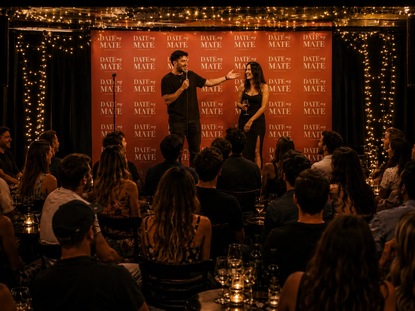 A mate pitching their single friend on stage at a Date My Mate night, to a seated room